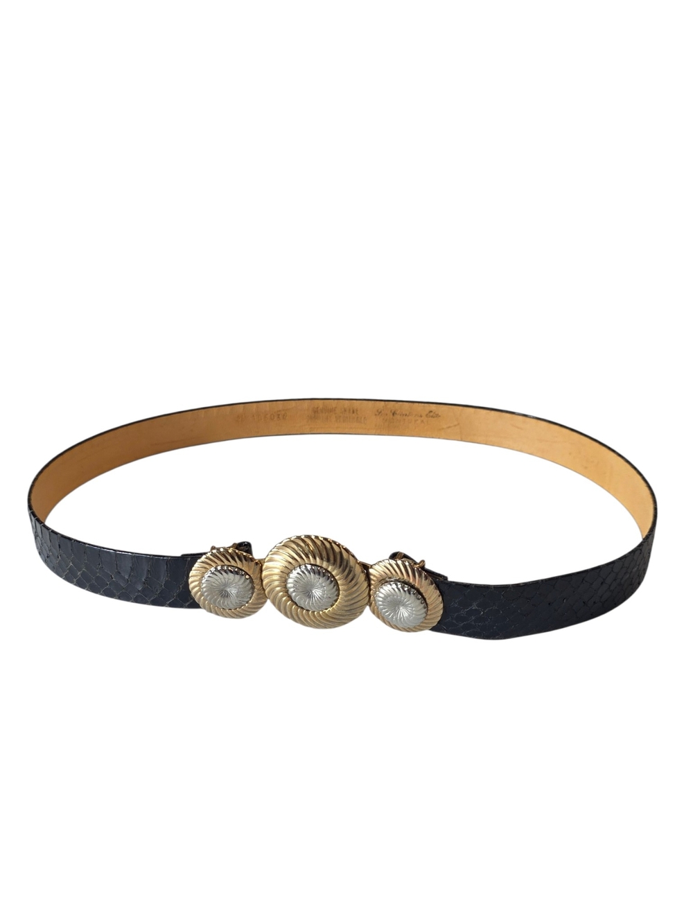 Vintage Real Snakeskin leather Belt with Gold & Silver Triple Medallion Accents